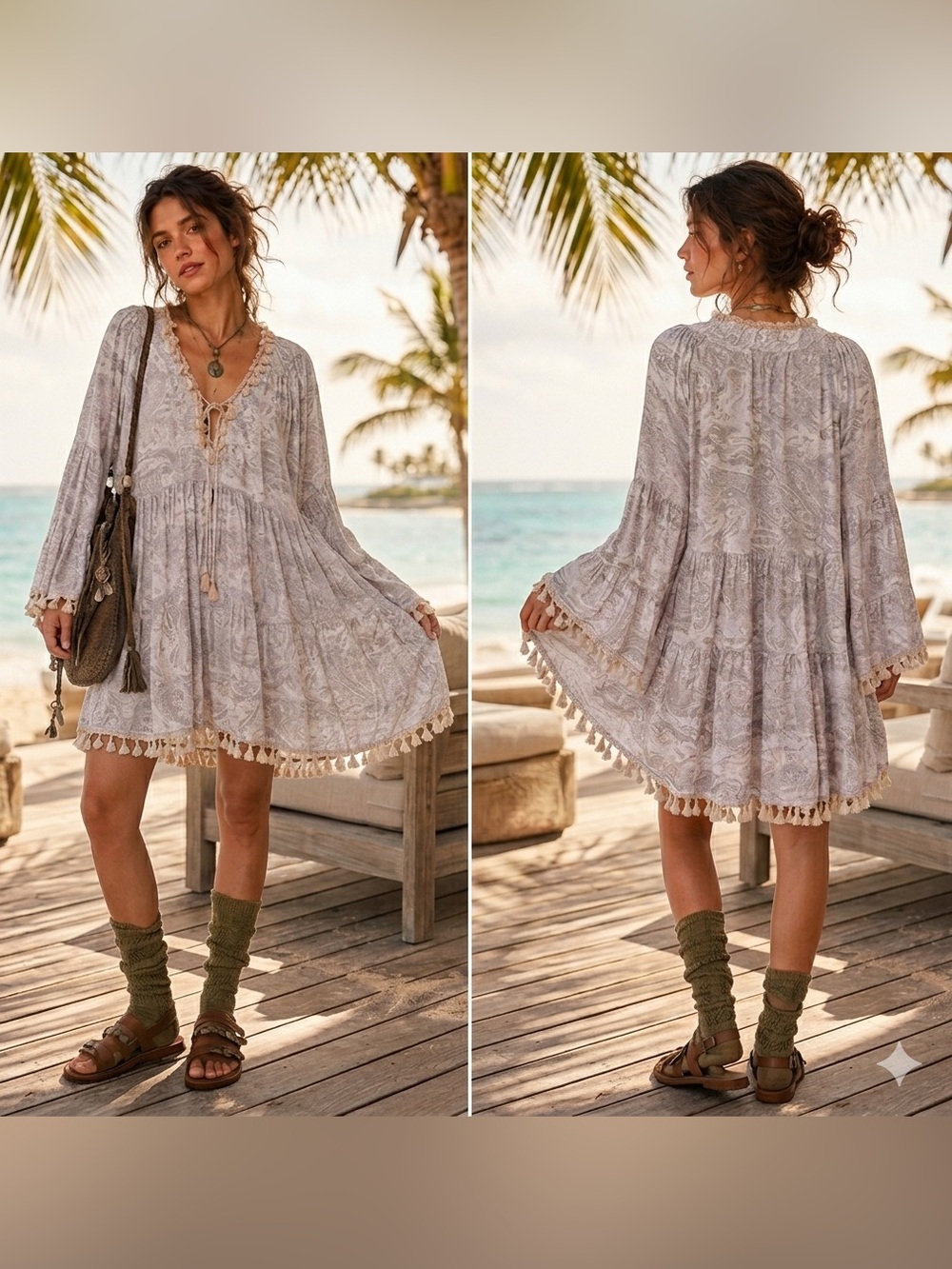 Antica Sartoria Mini Dress One Size Fringe Tassels Cotton Flowy Angel Slvs. Boho